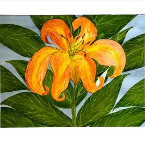 PAINTING WATERCOLOR 11X14 AND MAT 16X20 FLOWER LILY ORANGE YELLOW ORIGINAL ART